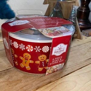 New 4-Piece Gingerbread & Peppermints Glazed Stoneware Bake & Store Containers
